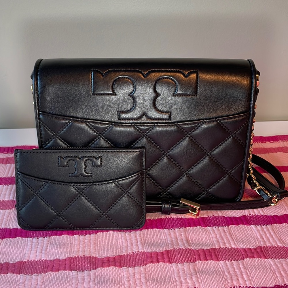 Tory Burch black leather crossbody and matching card holder